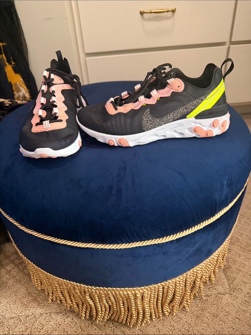 Nike Womens Black Sneakers with Pink and Neon Yellow Accents